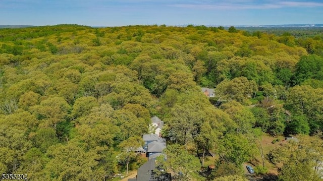 aerial view featuring a wooded view