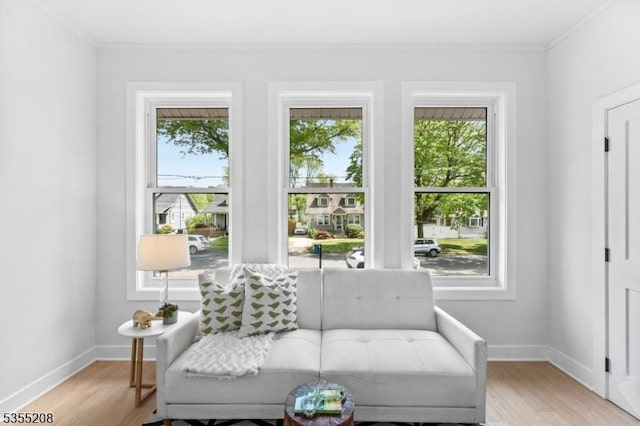 living area featuring ornamental molding, light wood finished floors, and a wealth of natural light