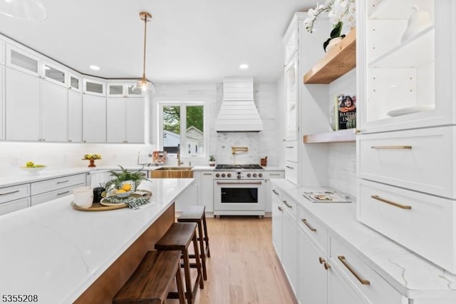 kitchen with white cabinets, a sink, a kitchen breakfast bar, high end range, and custom exhaust hood