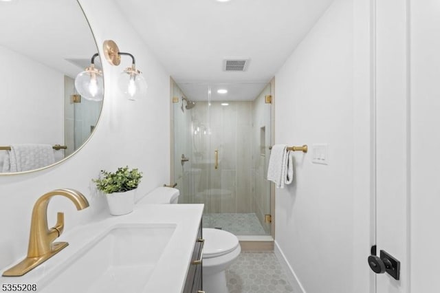 bathroom with visible vents, a shower stall, vanity, tile patterned floors, and toilet