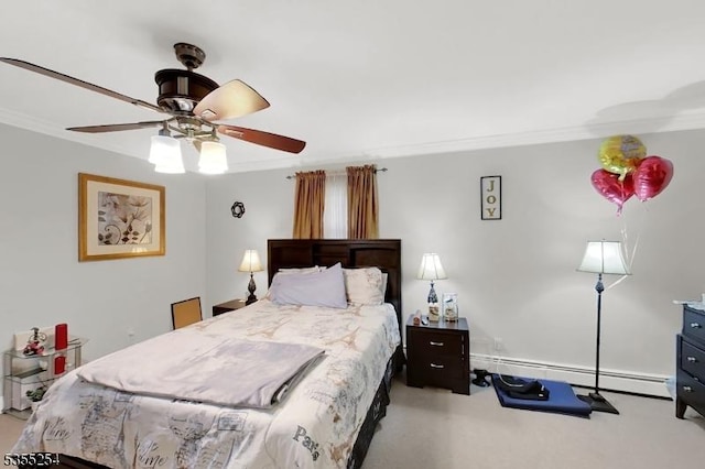 bedroom with a baseboard heating unit, ornamental molding, light colored carpet, and ceiling fan
