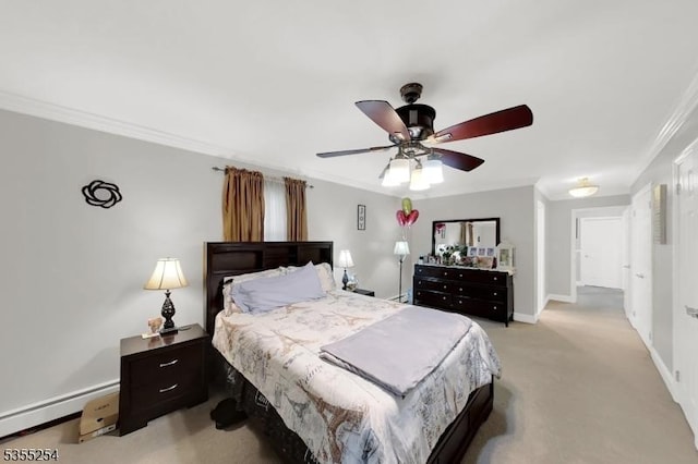bedroom featuring ornamental molding, a baseboard heating unit, light colored carpet, baseboards, and ceiling fan