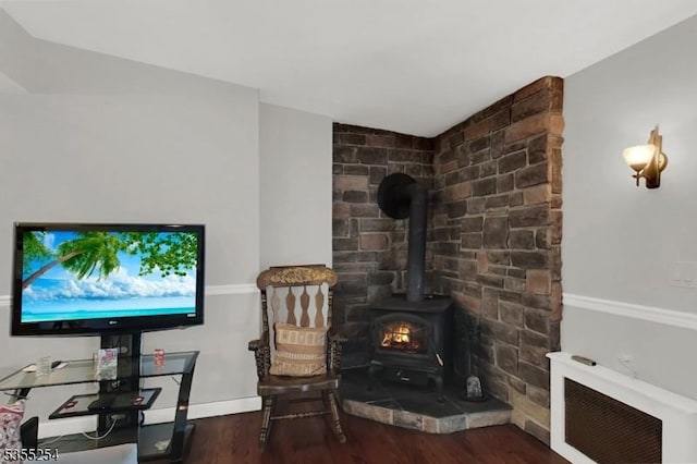 living room featuring wood finished floors, a wood stove, and baseboards