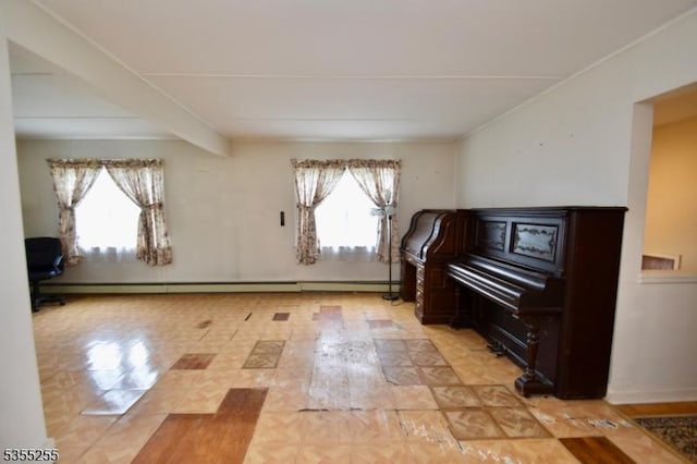 5634 Berkshire Valley Rd, Jefferson Twp, NJ 07438 - living area featuring light floors, a baseboard heating unit, and beamed ceiling