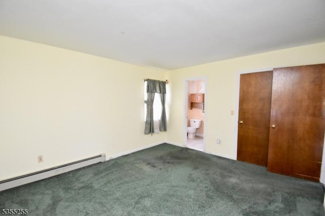 5634 Berkshire Valley Rd, Jefferson Twp, NJ 07438 - unfurnished bedroom with baseboards, dark carpet, baseboard heating, and connected bathroom