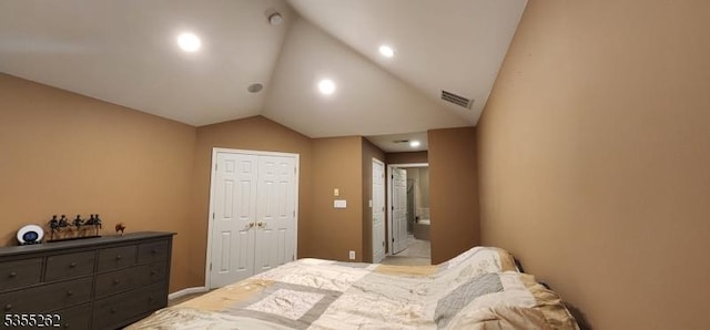 bedroom with recessed lighting, visible vents, and lofted ceiling