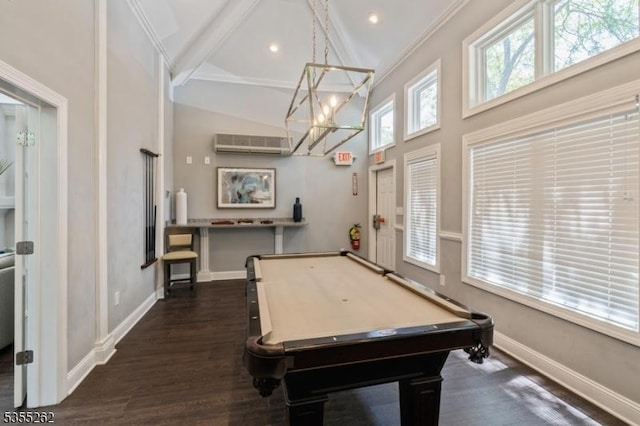 rec room featuring a chandelier, baseboards, billiards, a wall mounted AC, and dark wood-style floors