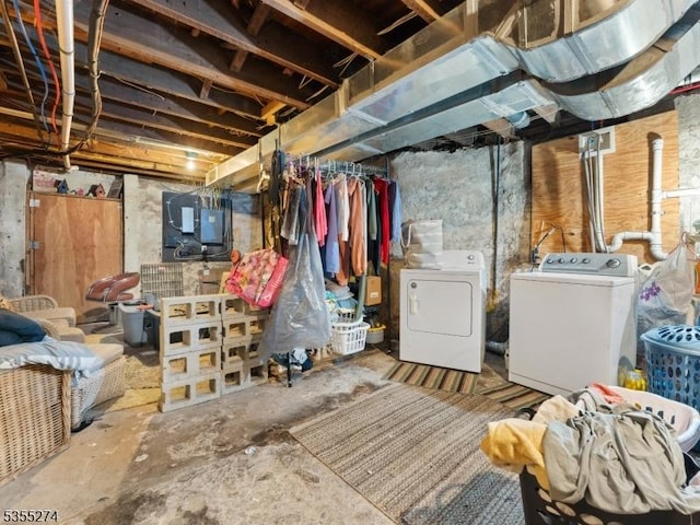 unfinished below grade area with washer and clothes dryer and electric panel