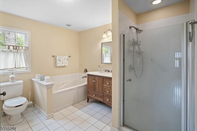 full bath with a stall shower, tile patterned flooring, toilet, a bath, and vanity