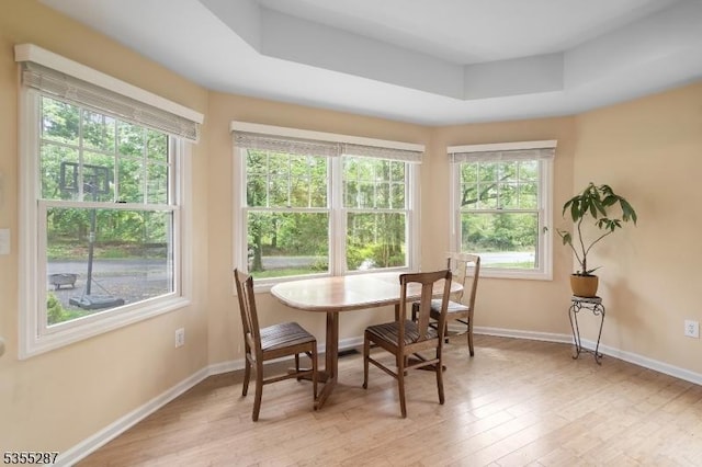 dining area with light wood-style floors, a raised ceiling, and baseboards