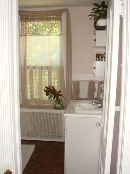 bathroom with vanity and radiator heating unit