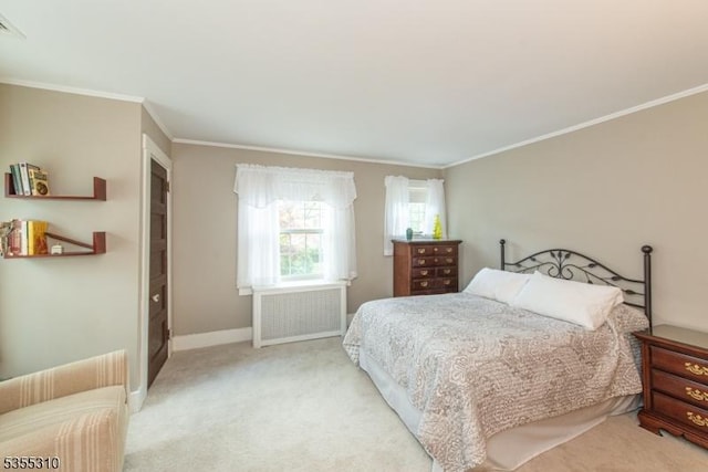 bedroom featuring radiator heating unit, carpet, ornamental molding, and baseboards