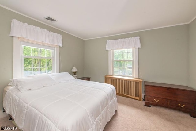 bedroom with carpet floors, crown molding, and radiator