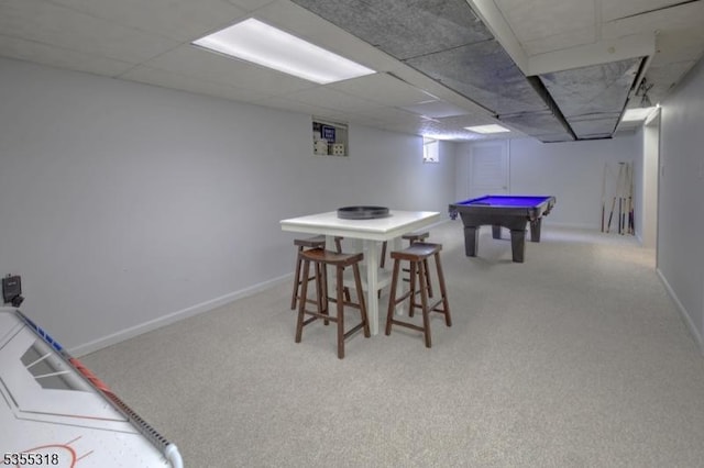 game room with baseboards, carpet flooring, and billiards