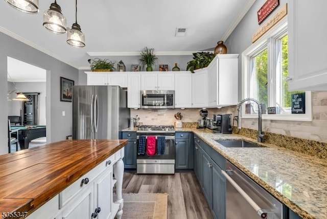 kitchen with butcher block countertops, stainless steel appliances, a sink, and white cabinets