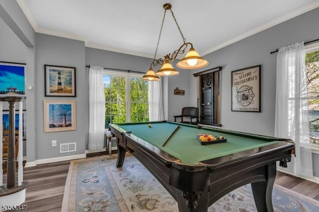 game room featuring visible vents, wood finished floors, a healthy amount of sunlight, and pool table