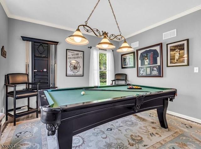 rec room featuring crown molding, billiards, visible vents, and baseboards