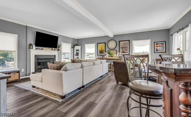 living room with crown molding, beamed ceiling, a glass covered fireplace, and wood finished floors