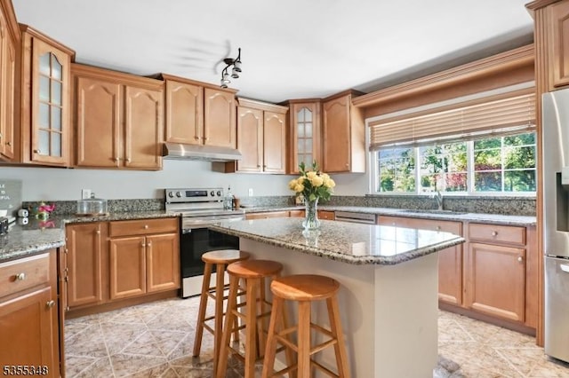 kitchen with stainless steel appliances, under cabinet range hood, a sink, glass insert cabinets, and a kitchen island