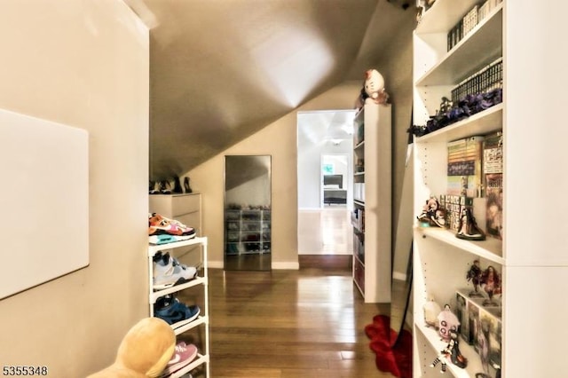 hallway with hardwood / wood-style flooring and vaulted ceiling