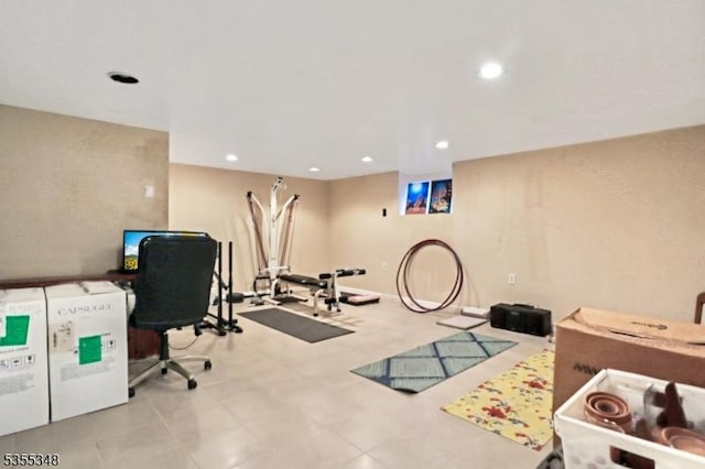 exercise area with recessed lighting and tile patterned flooring