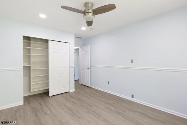 4703 Patterson St, Bridgewater Twp, NJ 08807 - unfurnished bedroom featuring wood finished floors, a closet, baseboards, recessed lighting, and ceiling fan