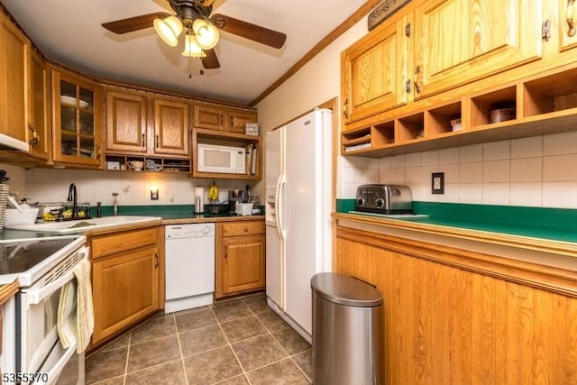 kitchen featuring white appliances, open shelves, decorative backsplash, and brown cabinets