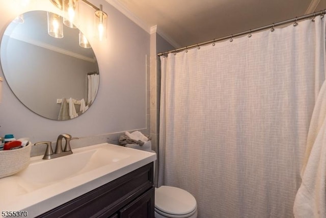 full bathroom with ornamental molding, toilet, and vanity