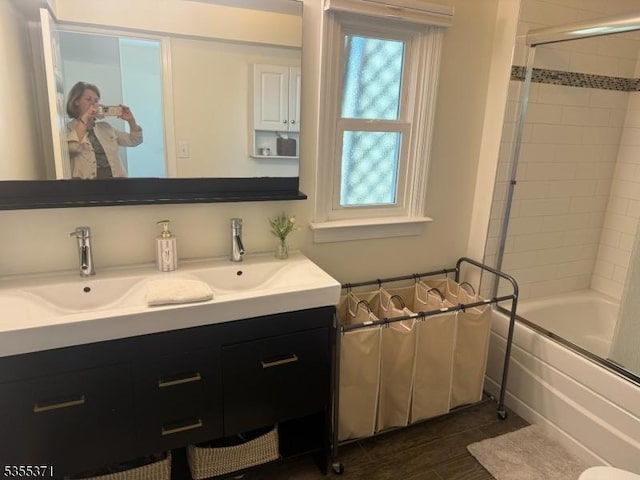 11 Union St, Franklin Twp, NJ 08528 - bathroom with combined bath / shower with glass door, double vanity, and wood finished floors