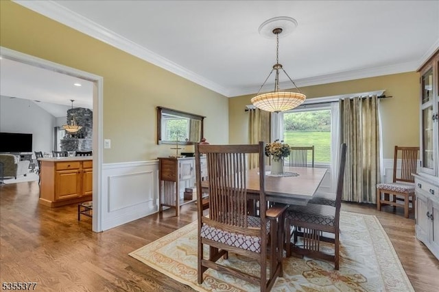 dining space with healthy amount of natural light, a wainscoted wall, wood finished floors, crown molding, and a decorative wall