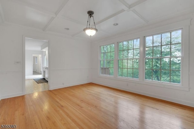 31 Charlotte Dr, Clinton Twp, NJ 08833 - unfurnished dining area with coffered ceiling, healthy amount of natural light, baseboards, light wood-type flooring, and beamed ceiling
