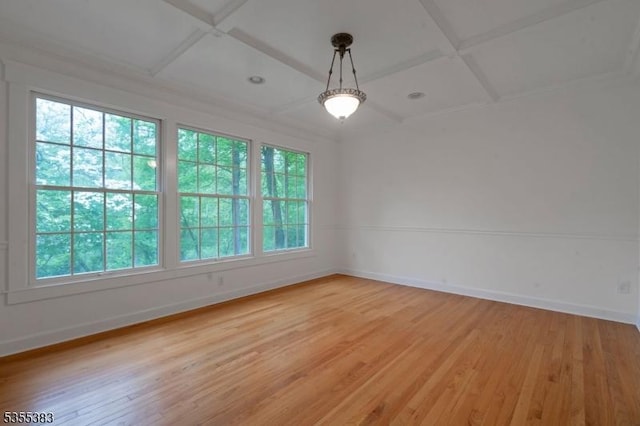 31 Charlotte Dr, Clinton Twp, NJ 08833 - unfurnished room with coffered ceiling, light wood-style flooring, baseboards, and beamed ceiling