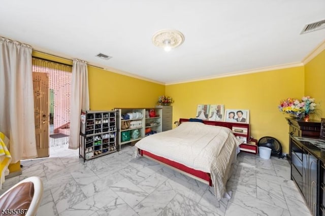 bedroom featuring marble look tile flooring and ornamental molding