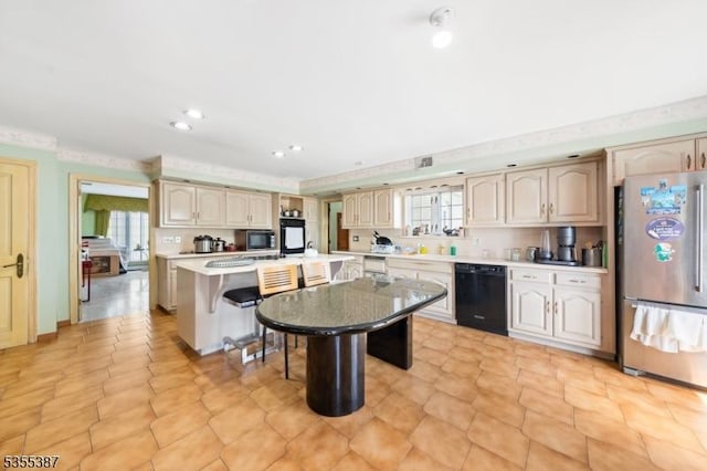 kitchen with freestanding refrigerator, black dishwasher, built in microwave, light countertops, and recessed lighting