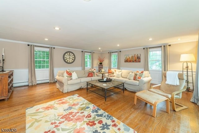 59 Green Hill Rd, Kinnelon Boro, NJ 07405 - living area with crown molding, light wood-type flooring, wainscoting, and recessed lighting