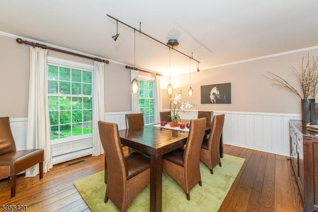 59 Green Hill Rd, Kinnelon Boro, NJ 07405 - dining space with a wainscoted wall, wood-type flooring, rail lighting, crown molding, and a decorative wall