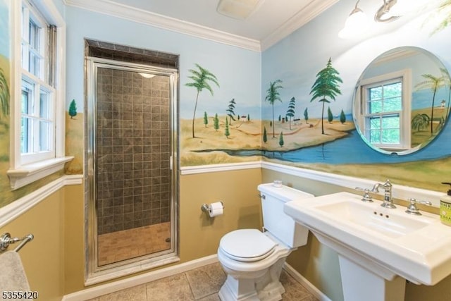59 Green Hill Rd, Kinnelon Boro, NJ 07405 - bathroom featuring a shower stall, ornamental molding, and tile patterned flooring