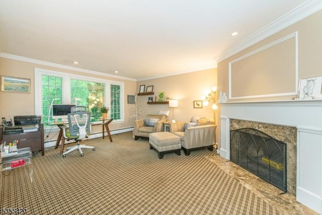 59 Green Hill Rd, Kinnelon Boro, NJ 07405 - carpeted living area featuring ornamental molding, a fireplace, and recessed lighting