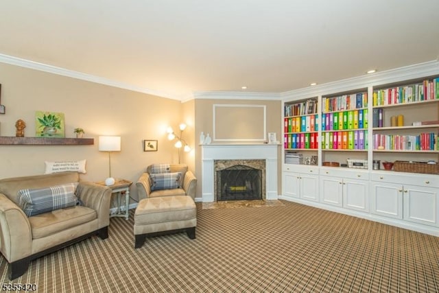 59 Green Hill Rd, Kinnelon Boro, NJ 07405 - carpeted living area with crown molding, a high end fireplace, and recessed lighting