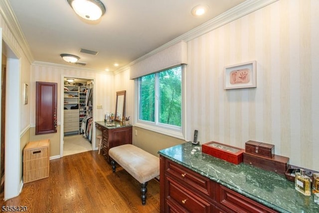 59 Green Hill Rd, Kinnelon Boro, NJ 07405 - hallway with ornamental molding and dark wood-style flooring
