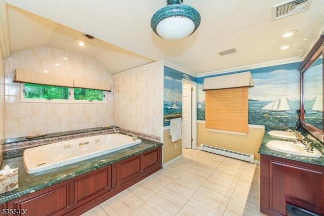 59 Green Hill Rd, Kinnelon Boro, NJ 07405 - bathroom featuring a baseboard heating unit, a jetted tub, double vanity, ornamental molding, and tile patterned floors