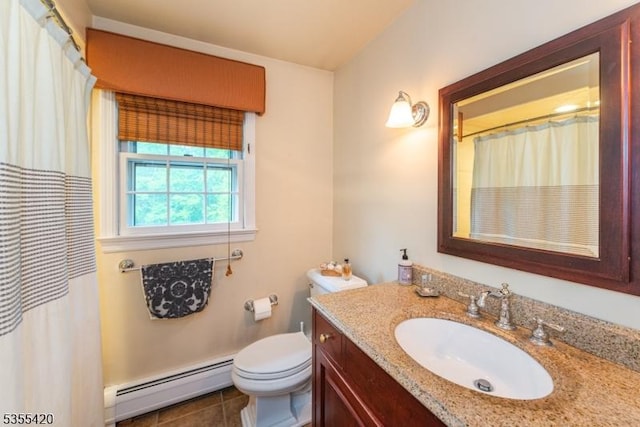 59 Green Hill Rd, Kinnelon Boro, NJ 07405 - full bathroom featuring a baseboard heating unit, vanity, tile patterned flooring, and a shower with curtain
