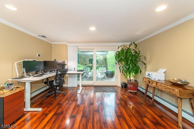 59 Green Hill Rd, Kinnelon Boro, NJ 07405 - office space with ornamental molding, a baseboard radiator, wood finished floors, and recessed lighting