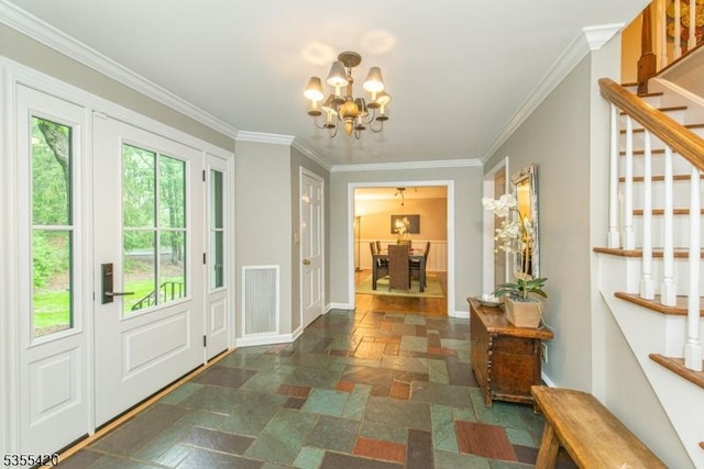 59 Green Hill Rd, Kinnelon Boro, NJ 07405 - entrance foyer with stone tile flooring, a chandelier, stairway, and ornamental molding