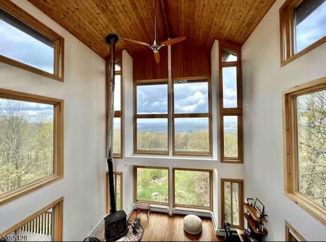 interior space featuring plenty of natural light and a wood stove