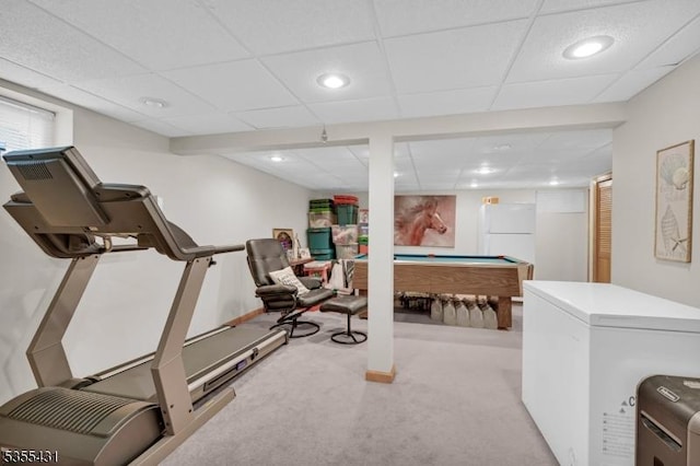 exercise area with billiards table, carpet, a drop ceiling, and recessed lighting