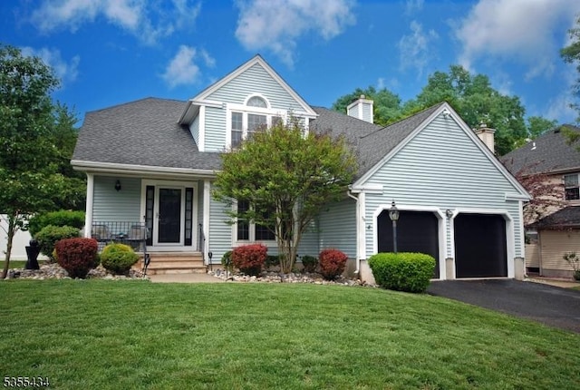 view of front facade with a garage, driveway, a front lawn, a chimney, and roof with shingles