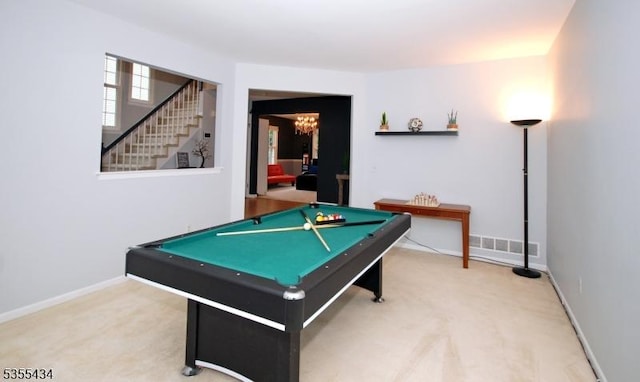 recreation room featuring billiards, carpet floors, a chandelier, and baseboards