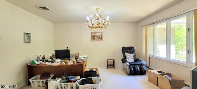 carpeted home office with a chandelier and baseboards
