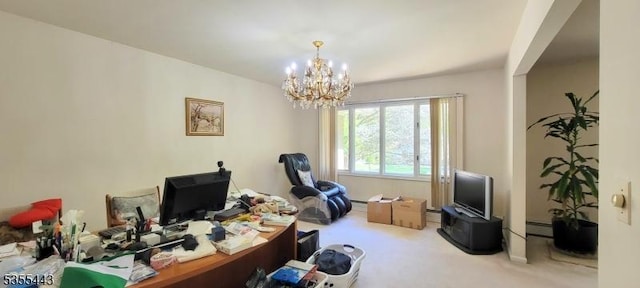 office area with carpet flooring, a chandelier, and baseboard heating